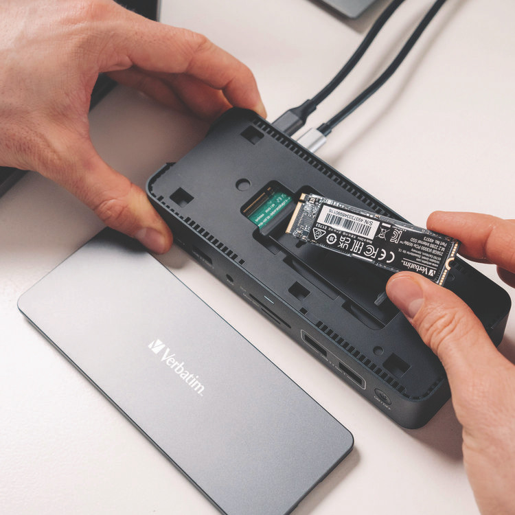 VERBATIM CORPORATION 32173 USB-C Pro Docking Station 15-in-1 SSD Enclosure, Audio/DisplayPort/HDMI/Micro SD/NVMe/RJ45/SD/USB-A/USB-C/SATA, Gray