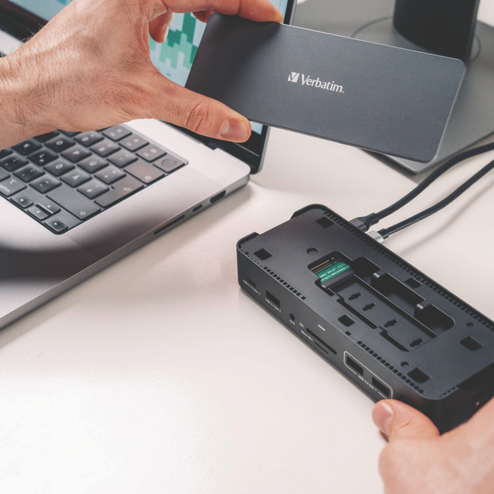 VERBATIM CORPORATION 32173 USB-C Pro Docking Station 15-in-1 SSD Enclosure, Audio/DisplayPort/HDMI/Micro SD/NVMe/RJ45/SD/USB-A/USB-C/SATA, Gray