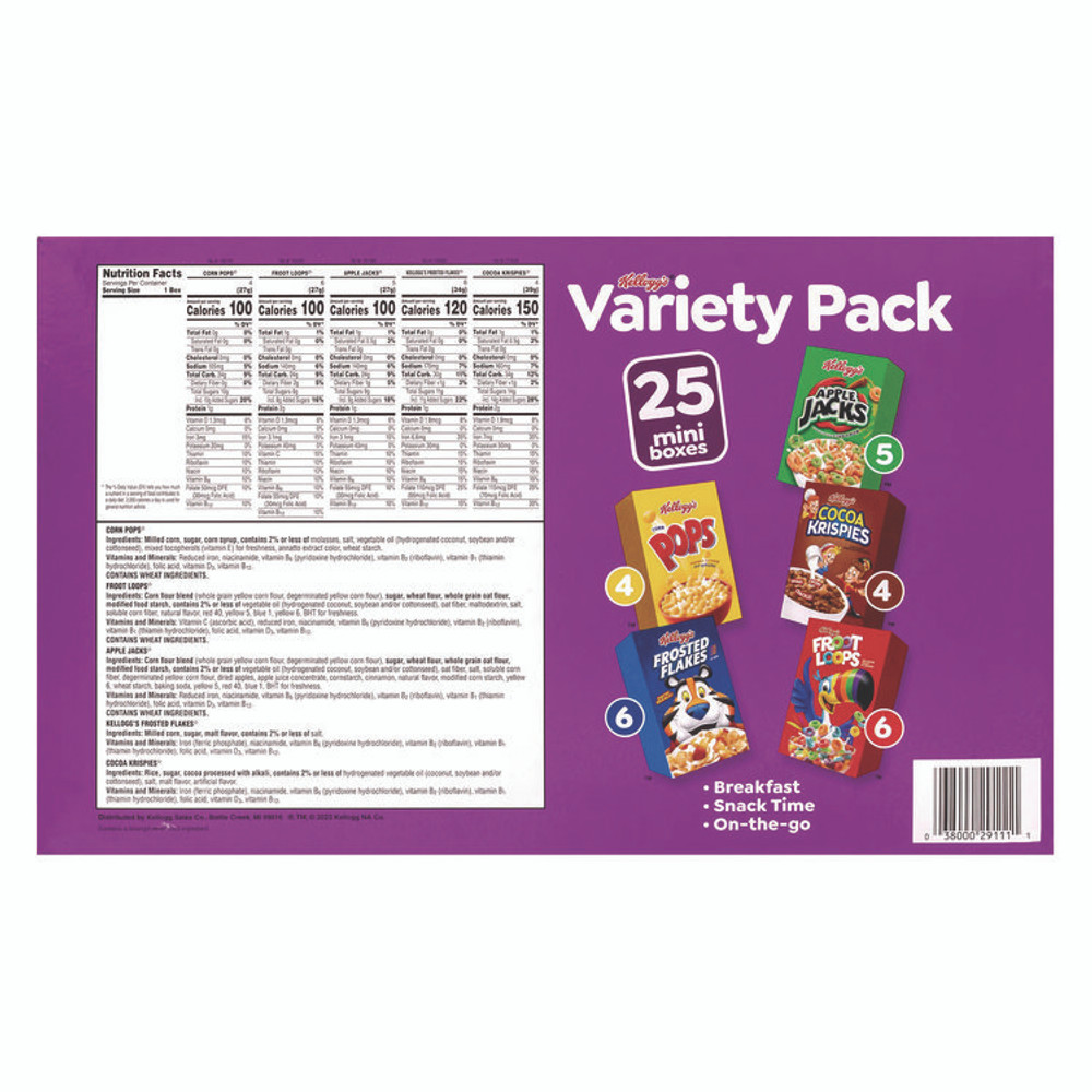 KELLOGG'S 22002287 Cereal Assortment Pack, Assorted Flavors, Single Serve Box, 25/Carton