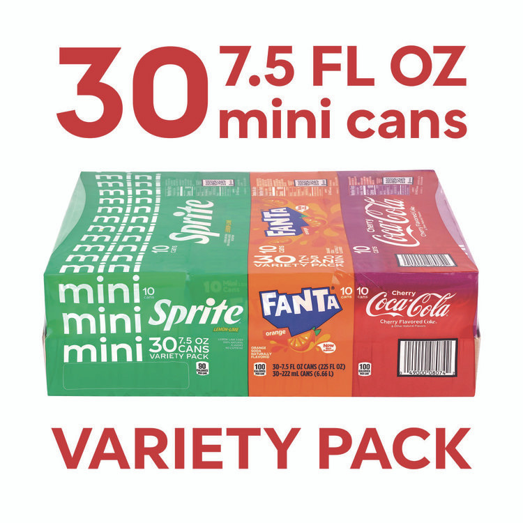 COCA-COLA 22002379 Mini Cans Variety Pack, Assorted Flavors, 7.5 oz Can, 30/Carton