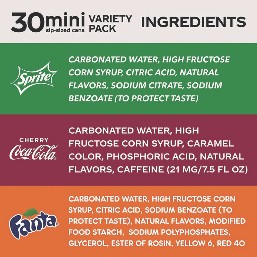 COCA-COLA 22002379 Mini Cans Variety Pack, Assorted Flavors, 7.5 oz Can, 30/Carton