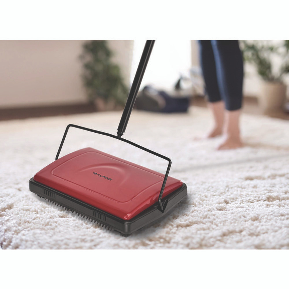 ALPINE INDUSTRIES ALP469REDNEW Manual Triple Brush Carpet and Floor Sweeper, 42.5" Handle, Red