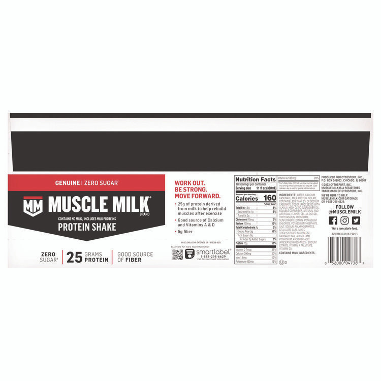 HORMEL FOODS, LLC MUSCLE MILK PROTEIN™ 22002378 Genuine Chocolate Protein Shake, 11 oz Carton, 18/Carton