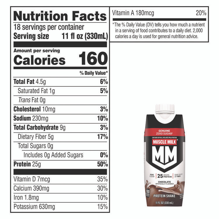 HORMEL FOODS, LLC MUSCLE MILK PROTEIN™ 22002378 Genuine Chocolate Protein Shake, 11 oz Carton, 18/Carton