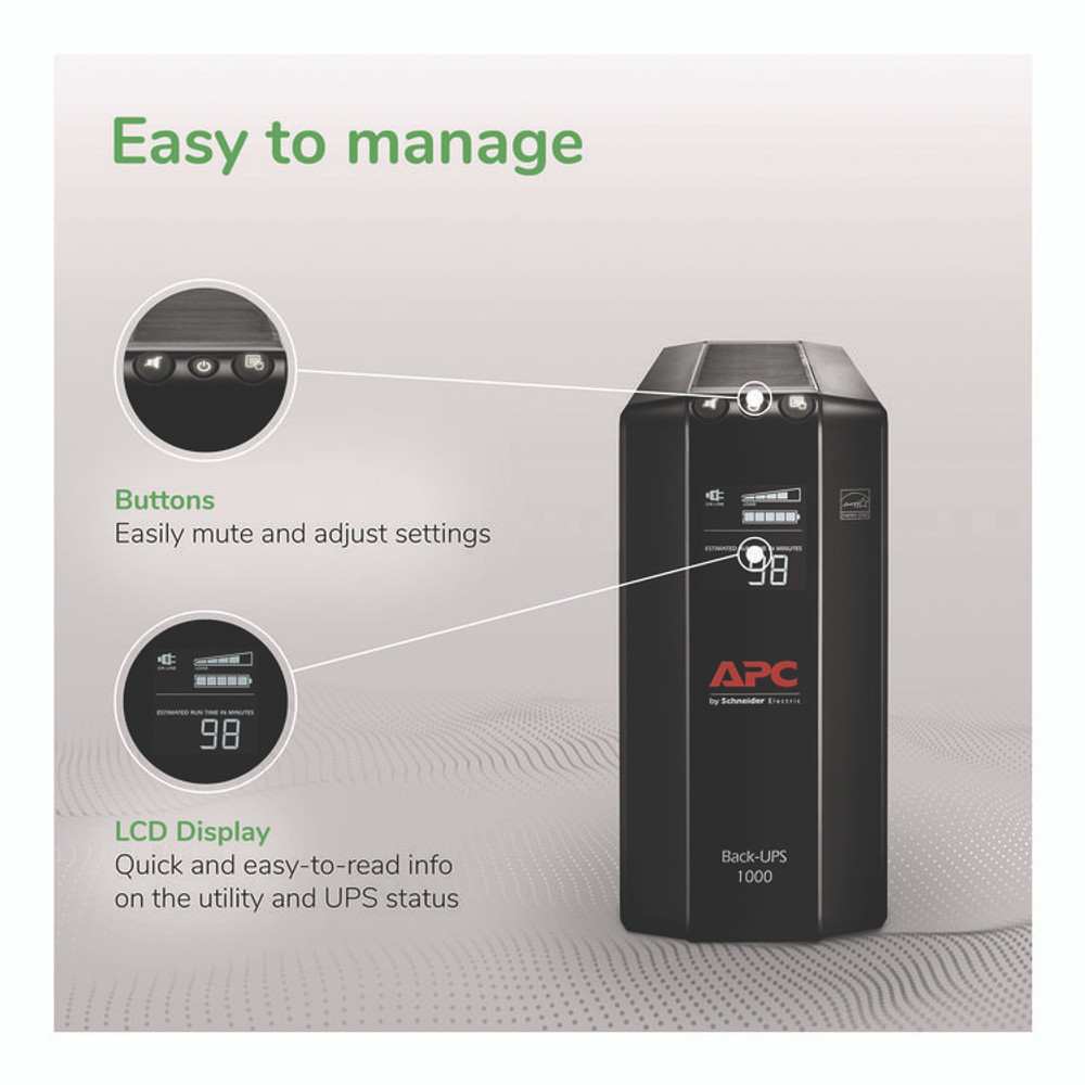 AMERICAN POWER CONVERSION APC® 2724587 Back-UPS Pro Compact Tower LCD Battery Backup and Surge Protector with USB, 1,000 VA, 8 Outlets, 1,103 J
