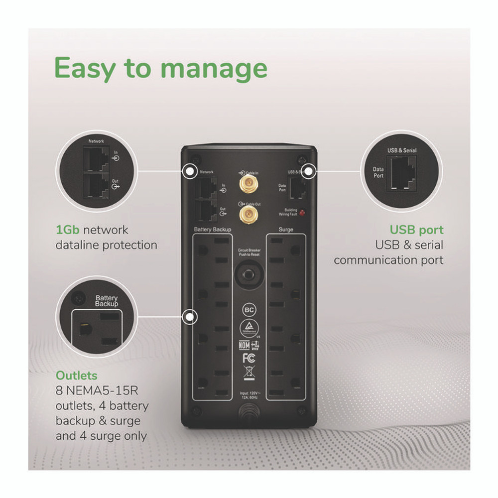 AMERICAN POWER CONVERSION APC® 2724587 Back-UPS Pro Compact Tower LCD Battery Backup and Surge Protector with USB, 1,000 VA, 8 Outlets, 1,103 J