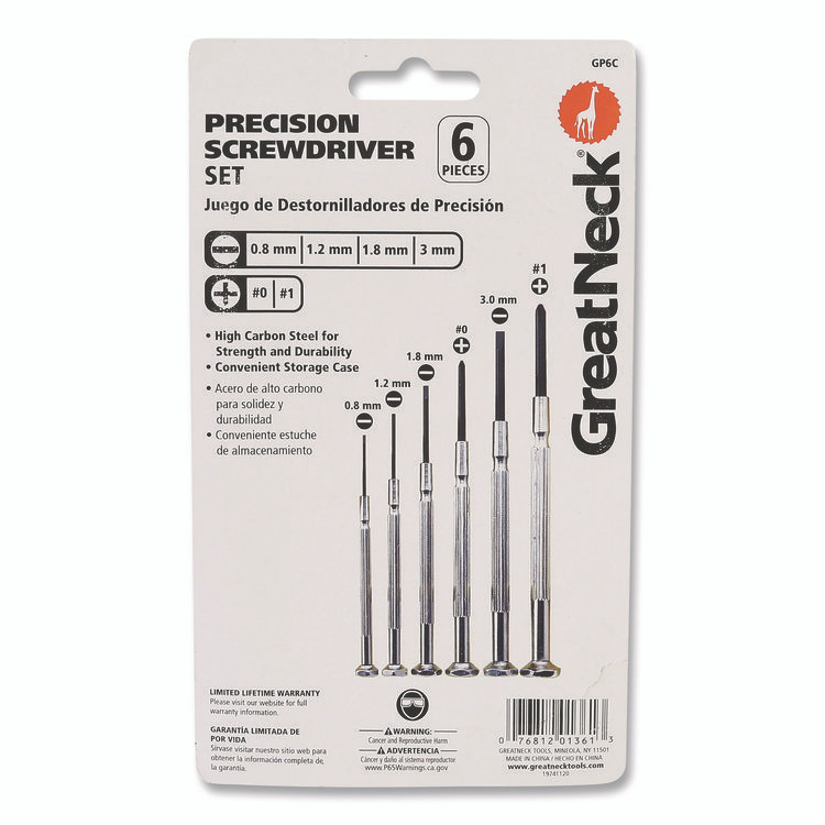 GREAT NECK SAW MFG. GP6C Precision Screwdriver Set, Six-Piece, Phillips/Slotted, Assorted Lengths, Polished Steel Handles