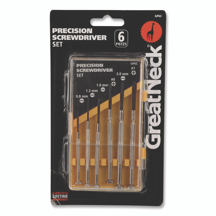 GREAT NECK SAW MFG. GP6C Precision Screwdriver Set, Six-Piece, Phillips/Slotted, Assorted Lengths, Polished Steel Handles