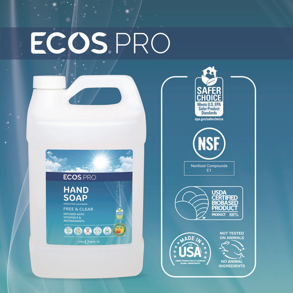 EARTH FRIENDLY PRODUCTS ECOS® PL966304CT Liquid Hand Soap, Free and Clear, 1 gal, 4/Carton