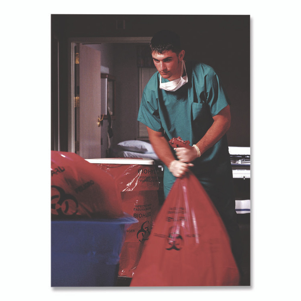 HERITAGE A6043ZR Healthcare Biohazard Printed Low-Density Can Liners, Infectious Waste, 30 gal, 3 mil, 30" x 43", Red, 100/Carton