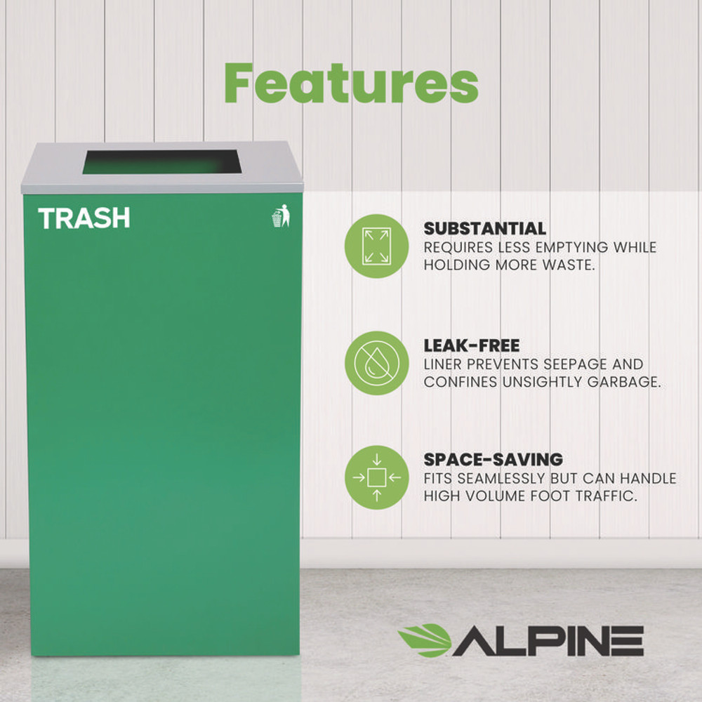 ALPINE INDUSTRIES 4450KITGRNST 29 Gallon Trash/Recycling Cans, Steel, Green Trash Can with Square Lid