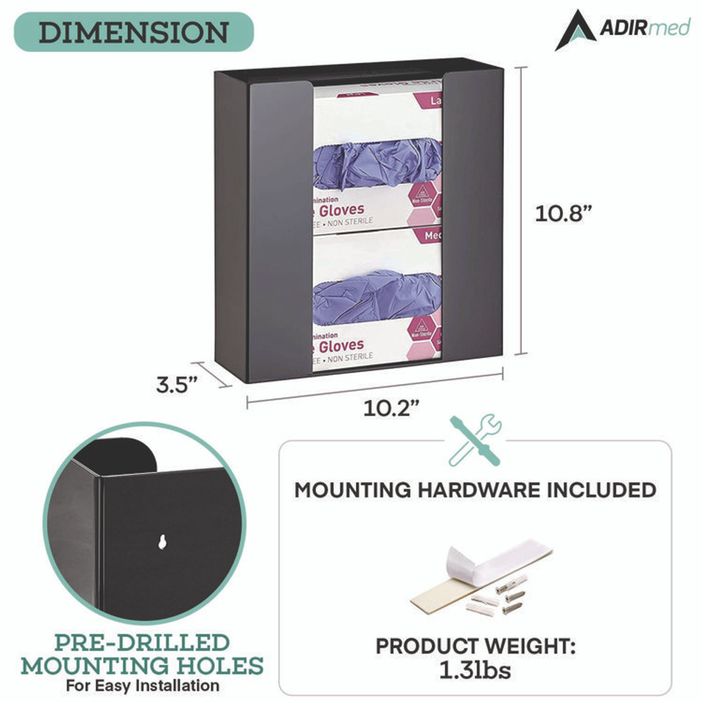 ADIRMED I90202BLK Acrylic Glove Dispenser, Double Box Capacity, 10.2 x 3.5 x 10.8, Black