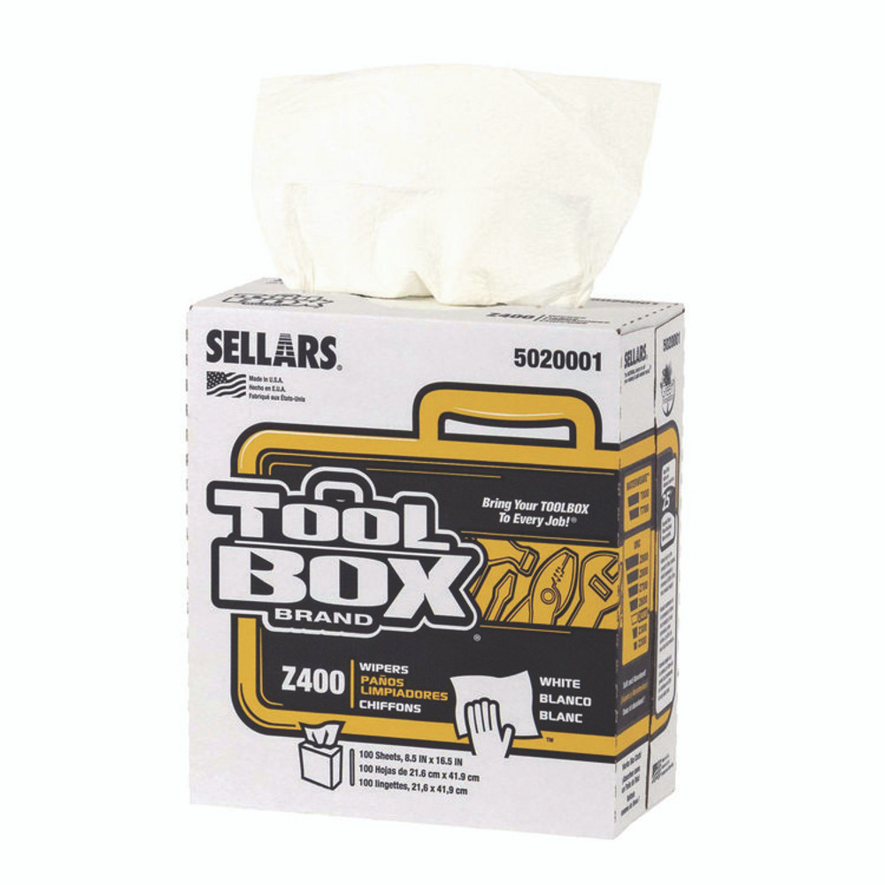 SELLARS ABSORBENT MATERIALS, INC. TOOLBOX® 5020001 Z400 Interfold Pop-Up Wipers, 1-Ply, 8.5 x 16.5, White, 8/Carton