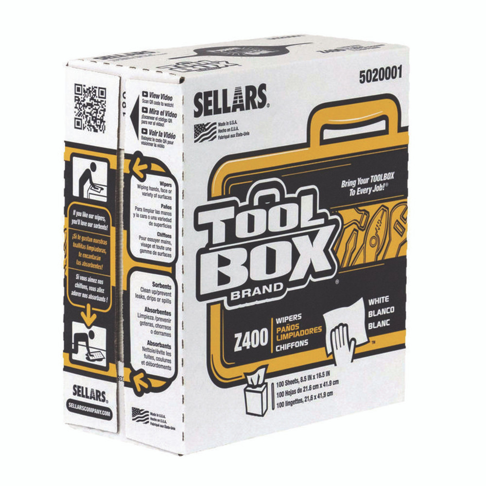 SELLARS ABSORBENT MATERIALS, INC. TOOLBOX® 5020001 Z400 Interfold Pop-Up Wipers, 1-Ply, 8.5 x 16.5, White, 8/Carton