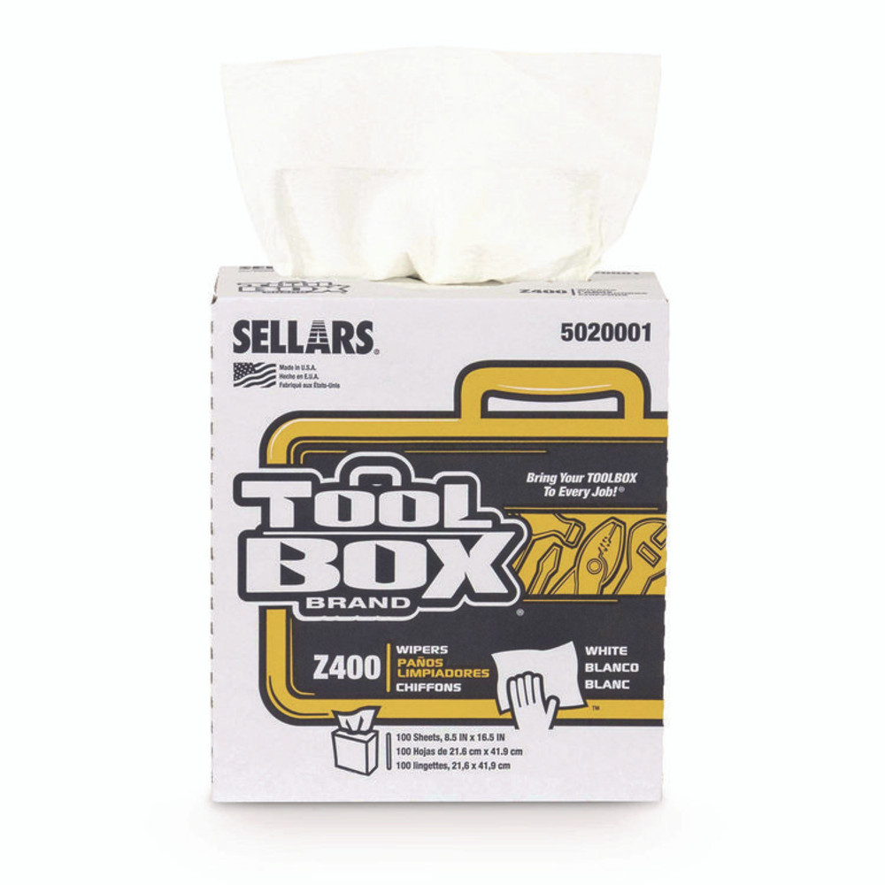 SELLARS ABSORBENT MATERIALS, INC. TOOLBOX® 5020001 Z400 Interfold Pop-Up Wipers, 1-Ply, 8.5 x 16.5, White, 8/Carton