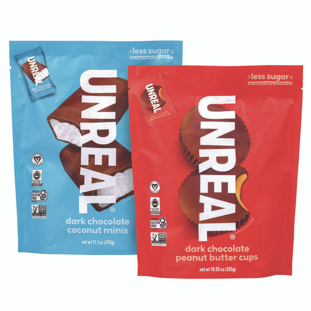 UNREAL BRANDS INC. 60003006 Dark Chocolate Coconut Minis and PB Cups Variety, 11.1 oz Bag (Dk Chocolate Coconut), 10.05 oz Bag (Dk Chocolate PB), 2/CT