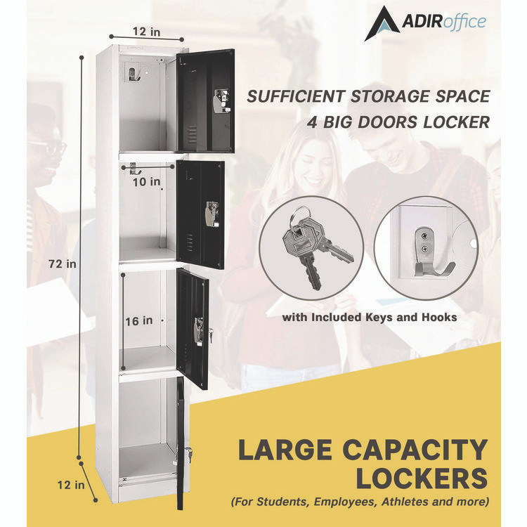 ADIROFFICE I629204BLK Steel Storage Locker, 4 Compartment, 12 x 12 x 72, Black