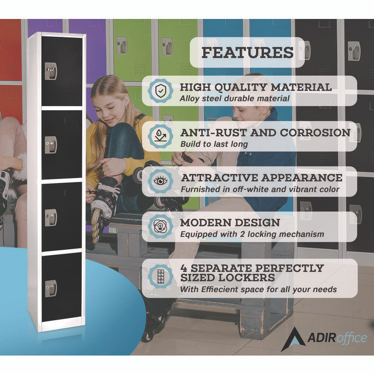 ADIROFFICE I629204BLK Steel Storage Locker, 4 Compartment, 12 x 12 x 72, Black