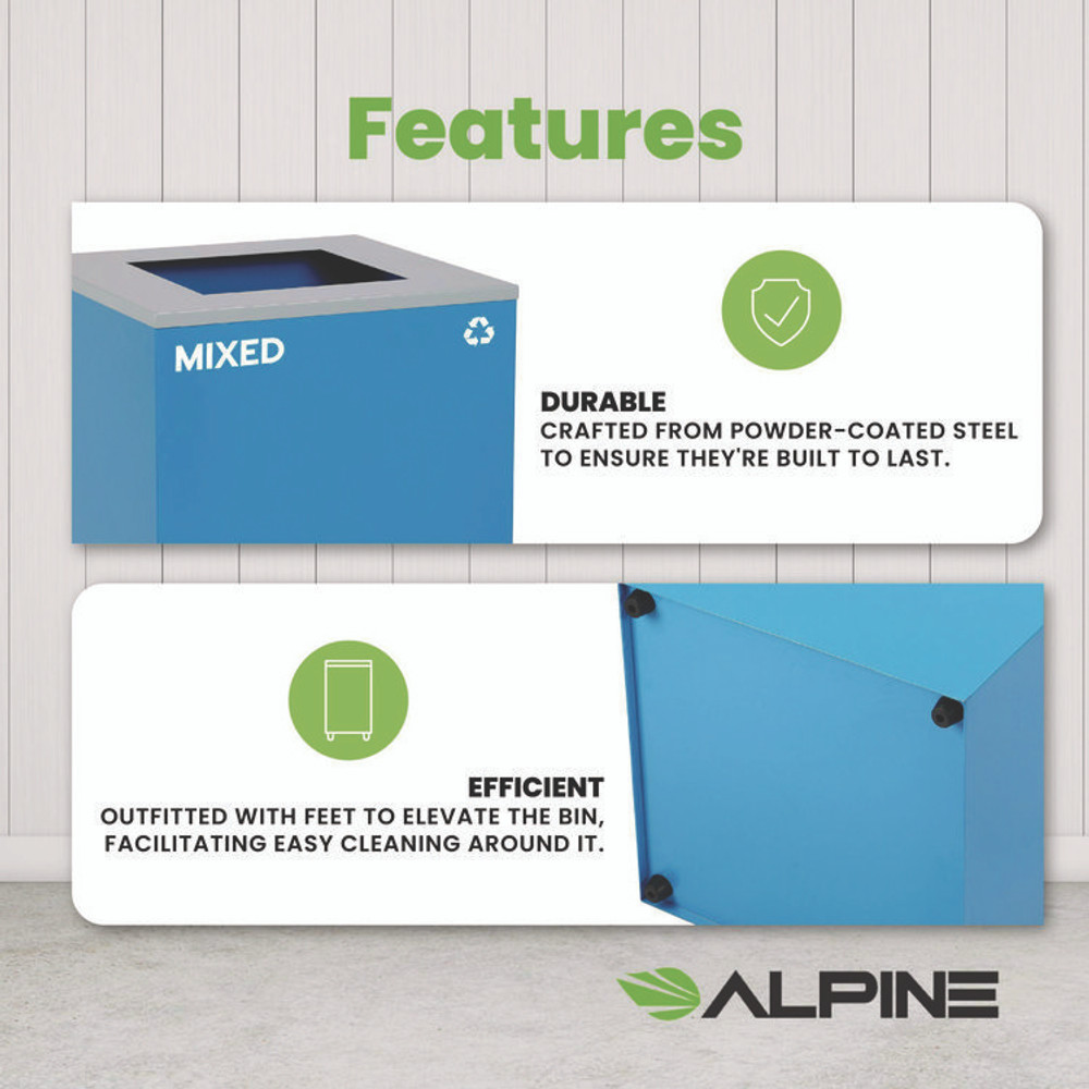 ALPINE INDUSTRIES 4450KITBLUSM 29 Gallon Trash/Recycling Cans, Steel, Blue Mixed Recycling Can with Square Lid