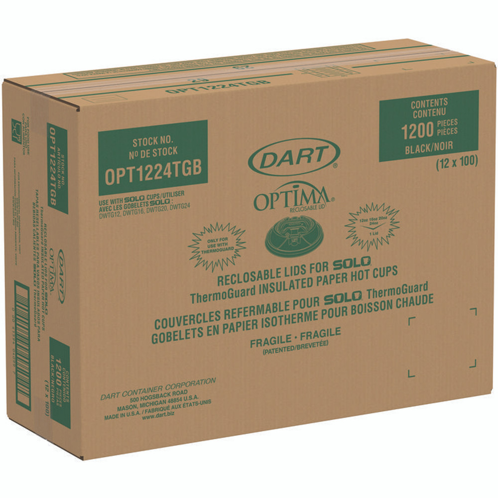 DART OPT1224TGB Optima Reclosable Lids for Hot Paper Cups, Fits 12 oz to 24 oz Hot Cups, Plastic, Black, 1,200/Carton