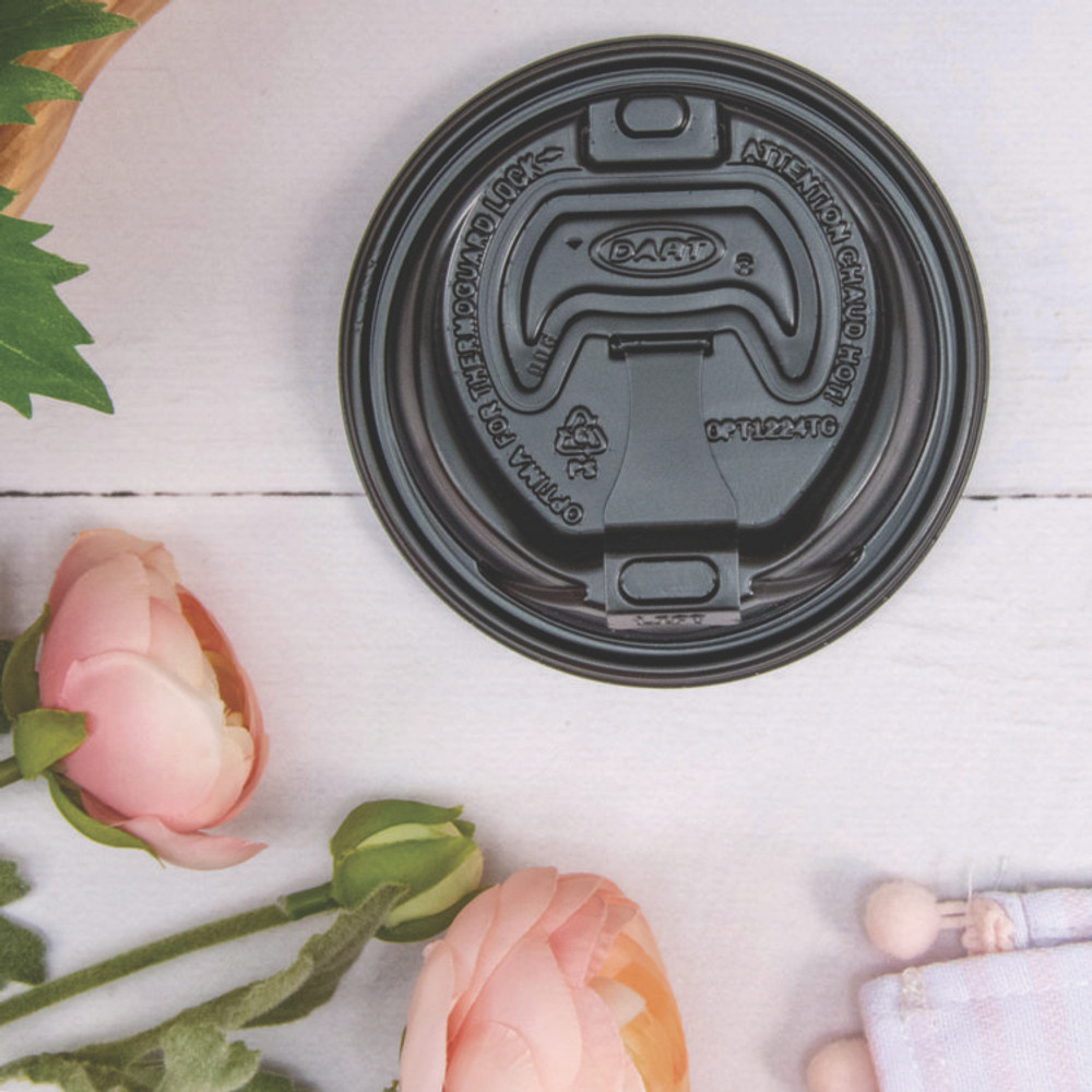 DART OPT1224TGB Optima Reclosable Lids for Hot Paper Cups, Fits 12 oz to 24 oz Hot Cups, Plastic, Black, 1,200/Carton