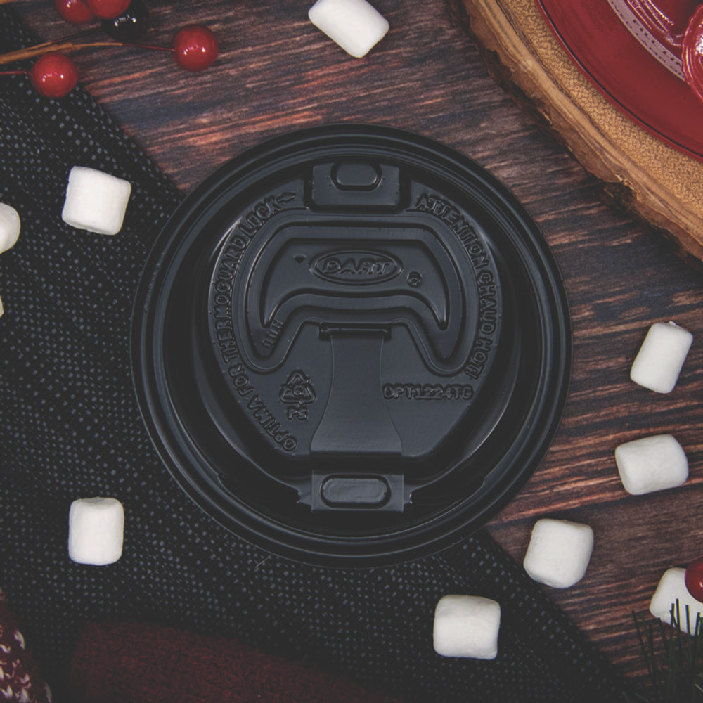 DART OPT1224TGB Optima Reclosable Lids for Hot Paper Cups, Fits 12 oz to 24 oz Hot Cups, Plastic, Black, 1,200/Carton