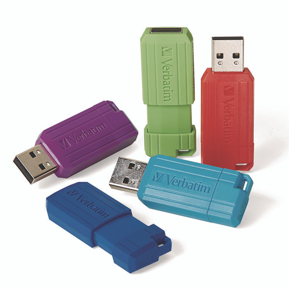 VERBATIM CORPORATION 70055 PinStripe USB 3.2 Flash Drive, 32 GB, Assorted Colors, 5/Pack