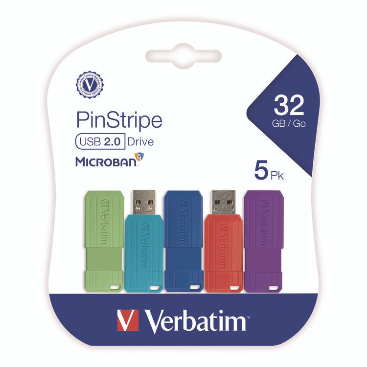 VERBATIM CORPORATION 70055 PinStripe USB 3.2 Flash Drive, 32 GB, Assorted Colors, 5/Pack