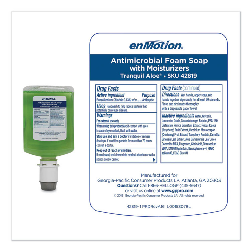 GEORGIA PACIFIC Professional 42819 GP enMotion Automated Touchless Antimicrobial Foam Soap Refill, Tranquil Aloe, 1,200 mL Bottle, 2/Carton