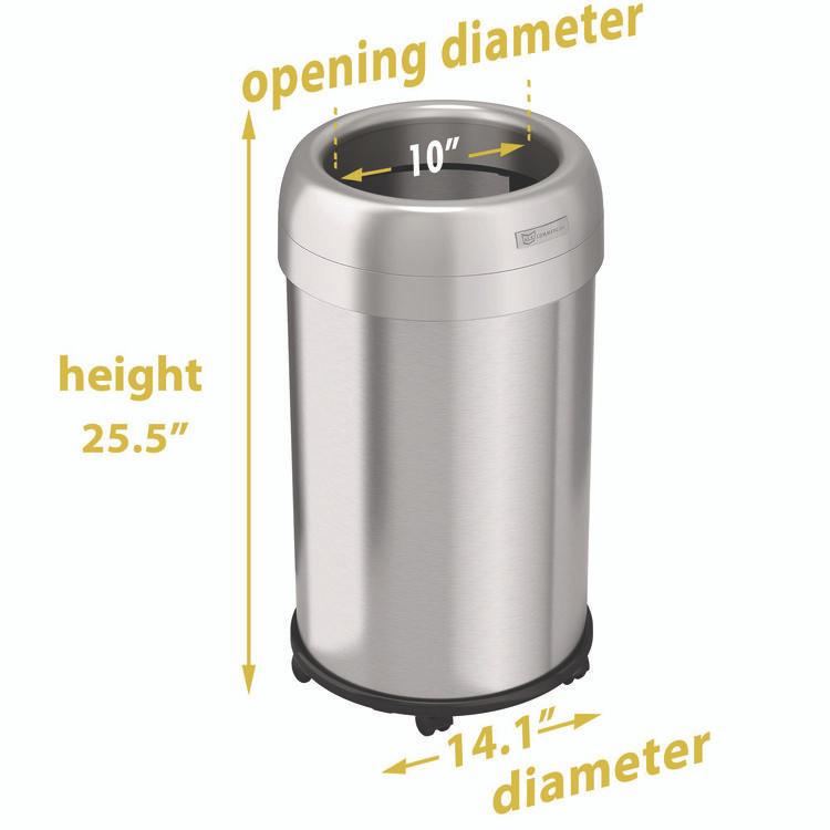 HLS COMMERCIAL HLS13STRM Open Top Trash Can with Wheels, Round, 13 gal, Plastic/Stainless Steel, Silver