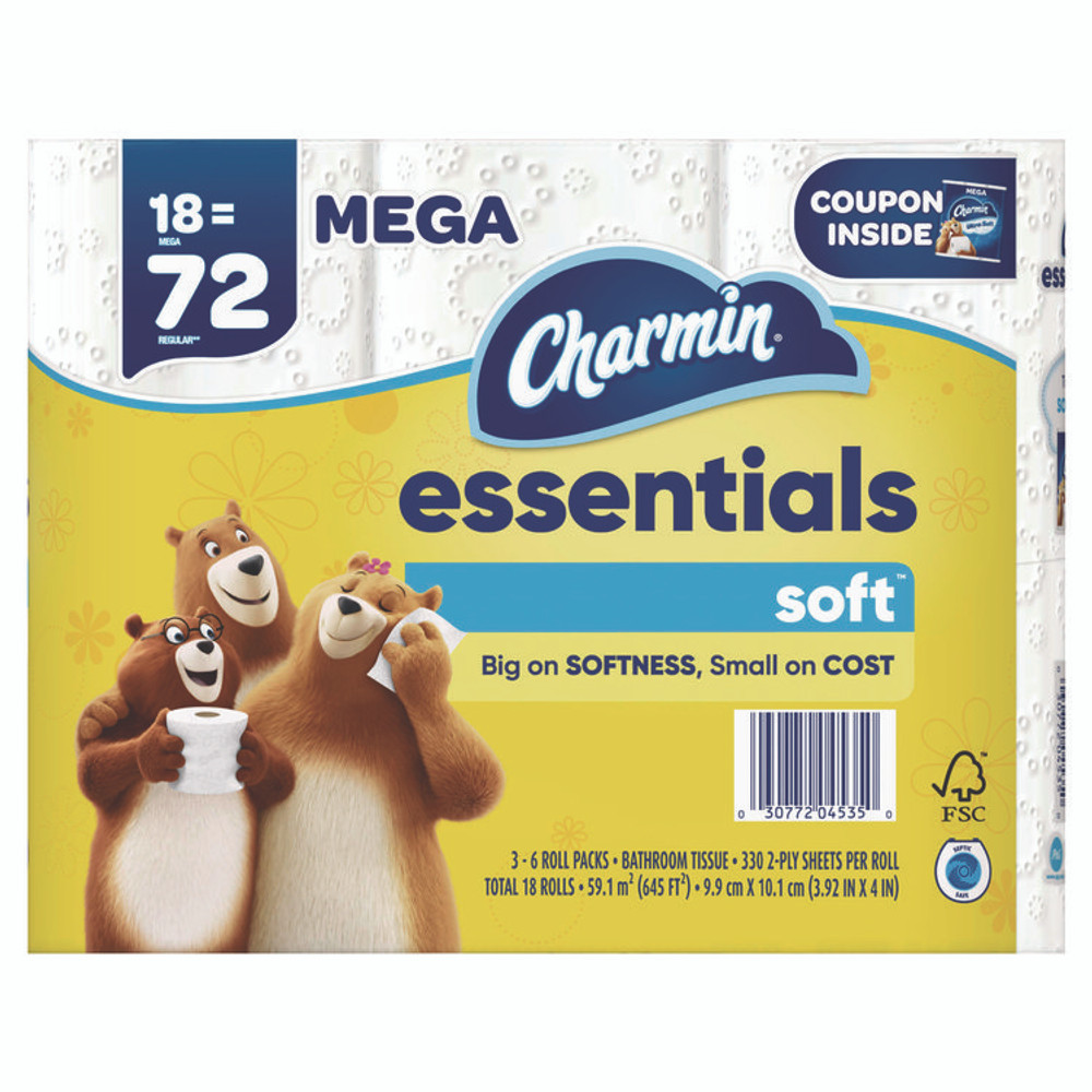 PROCTER & GAMBLE Charmin® 04535 Essentials Soft Bathroom Tissue, Septic Safe, 2-Ply, White, 330 Sheets/Roll, 18 Rolls/Carton