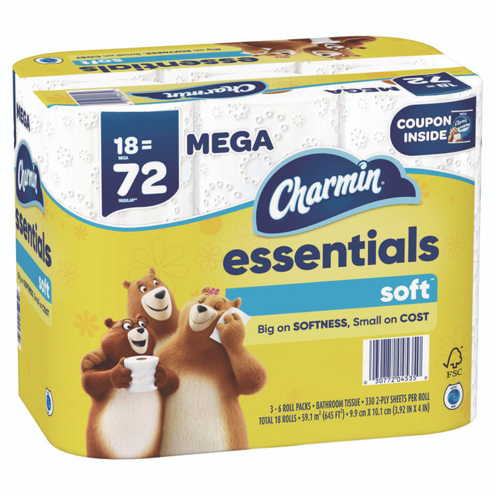 PROCTER & GAMBLE Charmin® 04535 Essentials Soft Bathroom Tissue, Septic Safe, 2-Ply, White, 330 Sheets/Roll, 18 Rolls/Carton