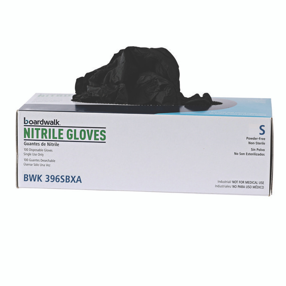 BOARDWALK 396SCTA 396 Series Disposable General-Purpose Nitrile Gloves, Powder-Free, Small, 4.4 mil Thick, 9.5" Long, Black, 100/BX, 10 BX/CT