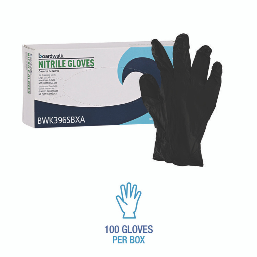 BOARDWALK 396SCTA 396 Series Disposable General-Purpose Nitrile Gloves, Powder-Free, Small, 4.4 mil Thick, 9.5" Long, Black, 100/BX, 10 BX/CT