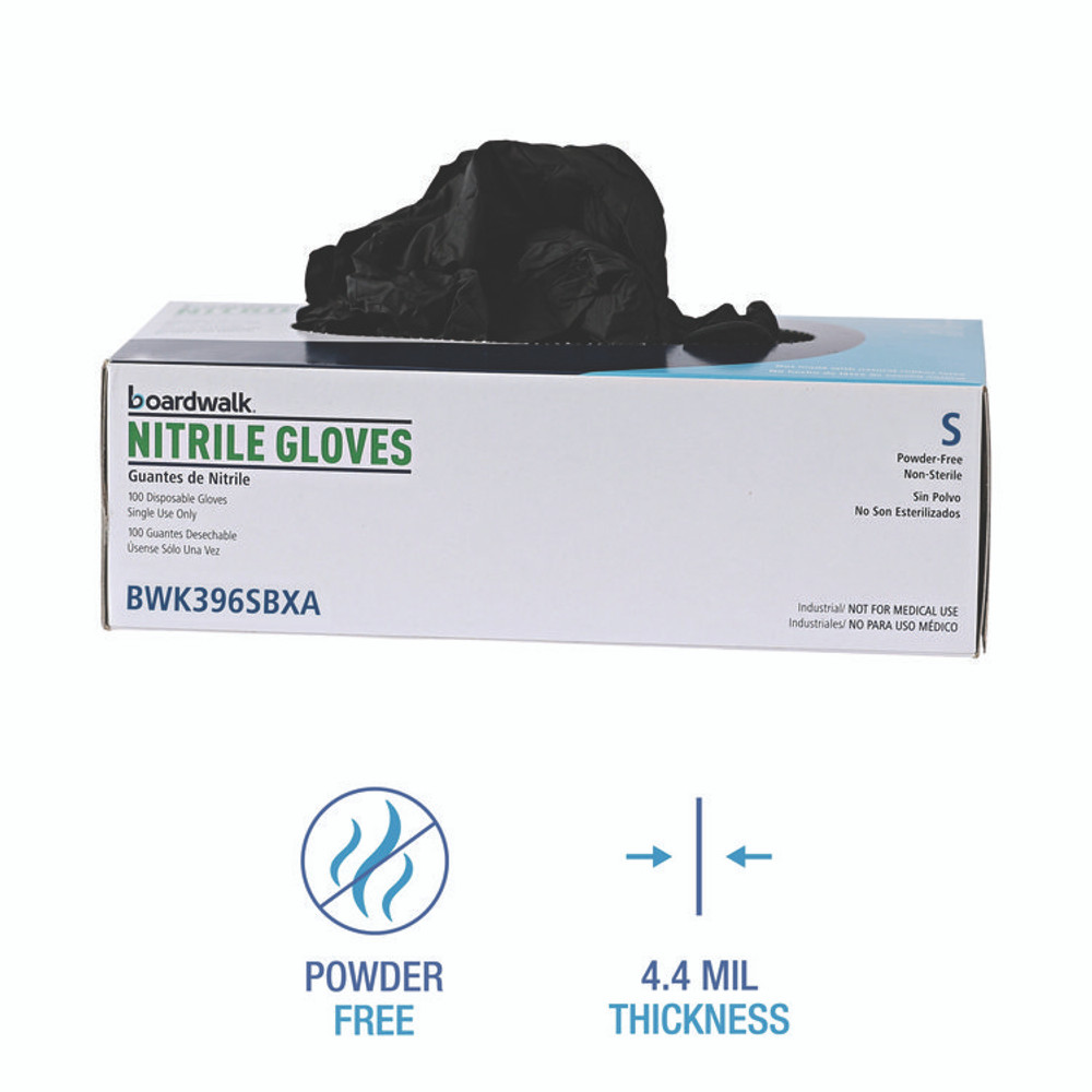 BOARDWALK 396SCTA 396 Series Disposable General-Purpose Nitrile Gloves, Powder-Free, Small, 4.4 mil Thick, 9.5" Long, Black, 100/BX, 10 BX/CT
