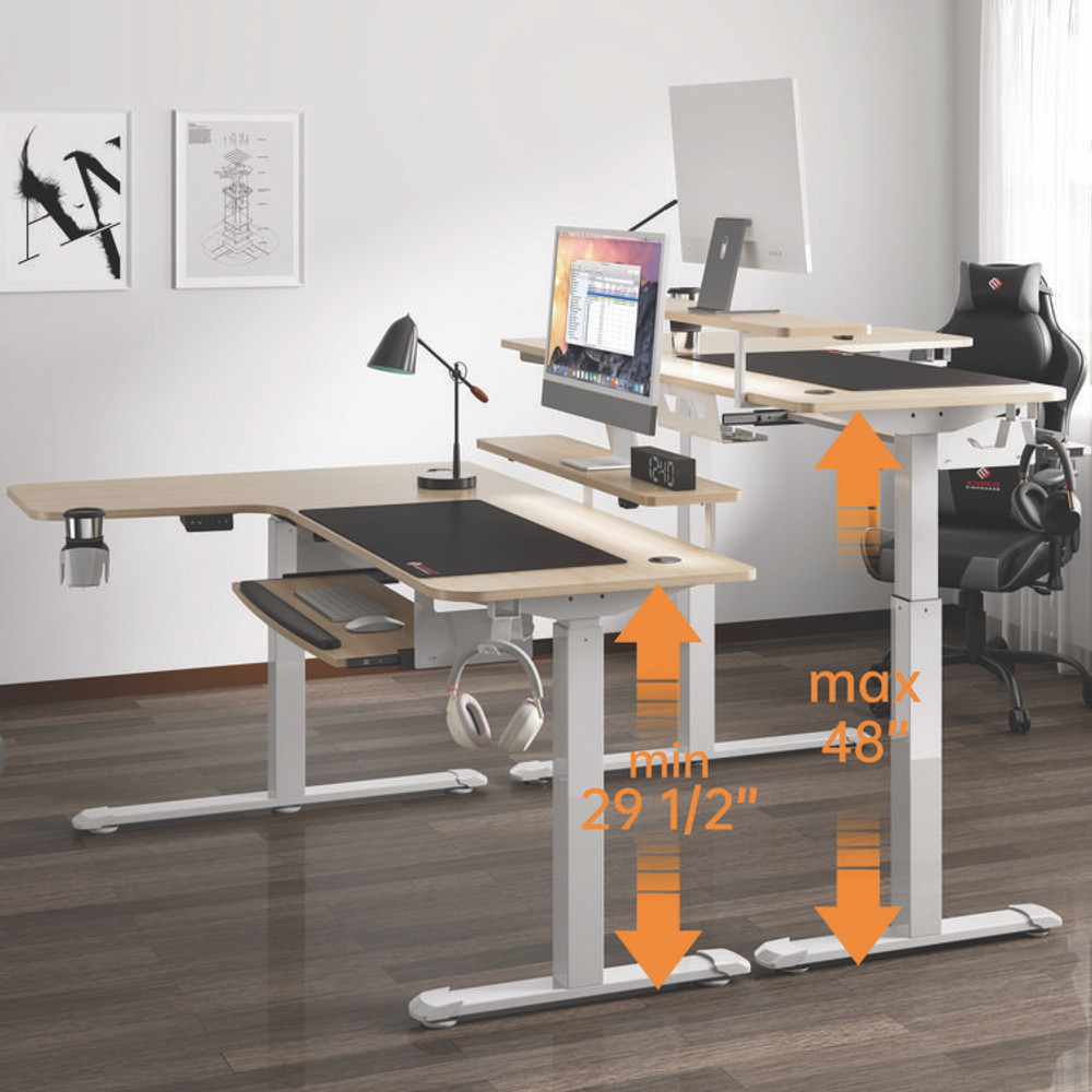 EUREKA ERGONOMIC L60RMW L-Shaped Standing Desk with Keyboard Tray, Right Desk, 61.25" x 43.25" x 34.38" to 52.88", Maple White/White