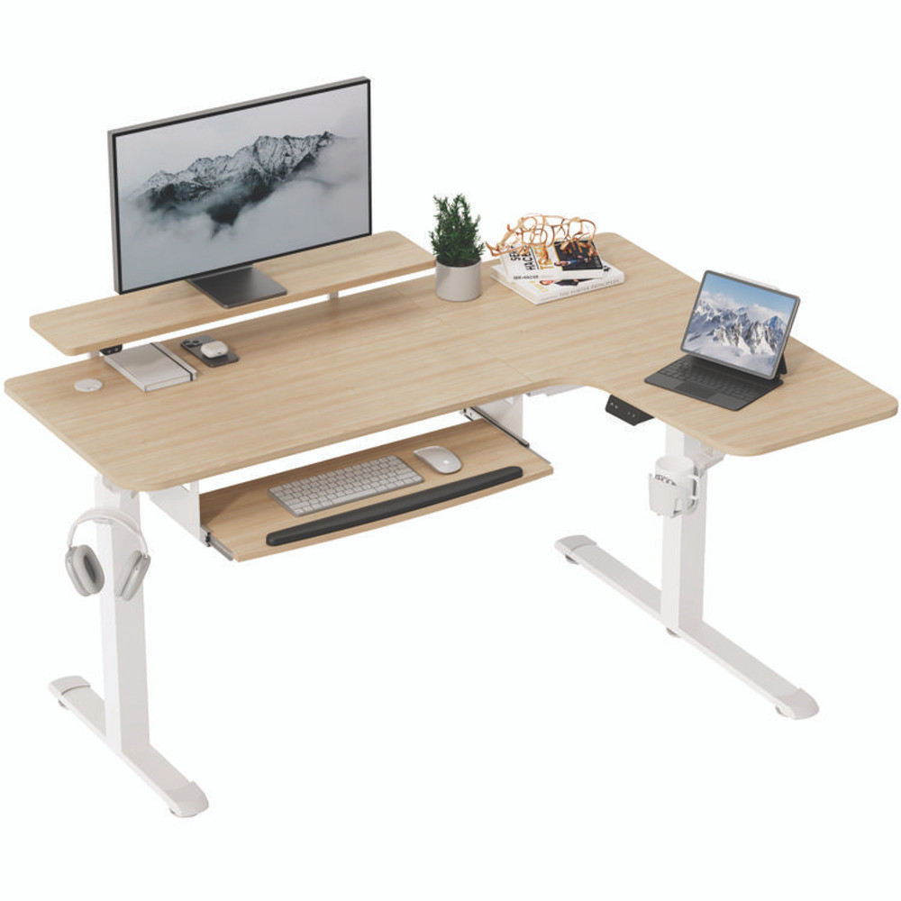 EUREKA ERGONOMIC L60RMW L-Shaped Standing Desk with Keyboard Tray, Right Desk, 61.25" x 43.25" x 34.38" to 52.88", Maple White/White