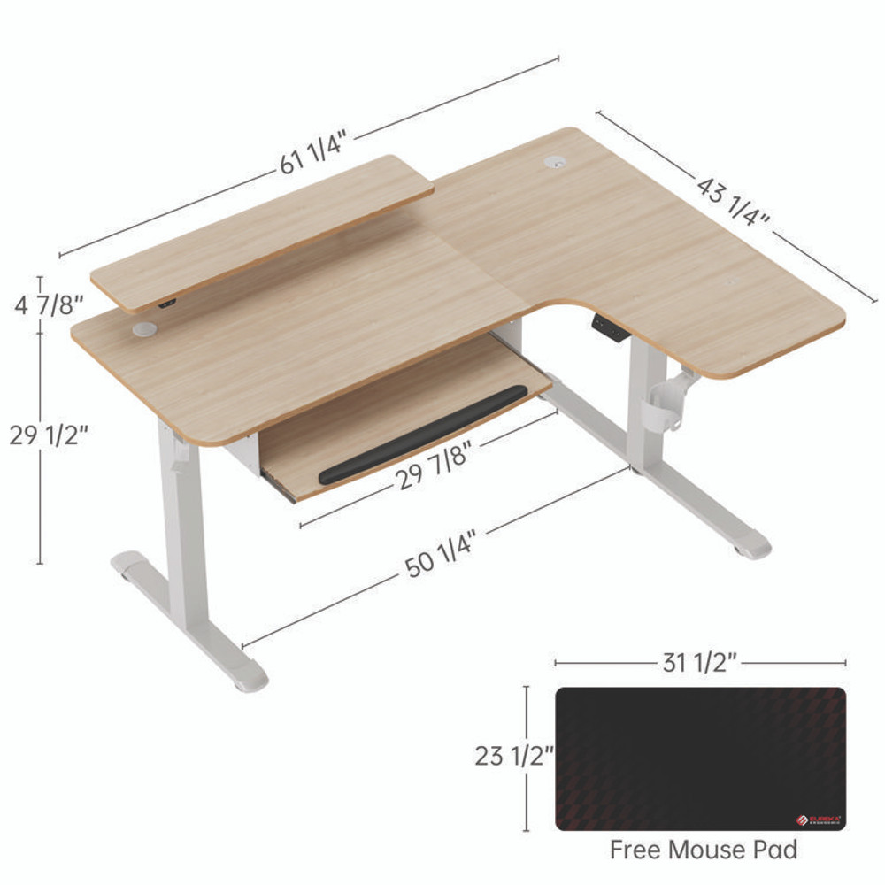 EUREKA ERGONOMIC L60RMW L-Shaped Standing Desk with Keyboard Tray, Right Desk, 61.25" x 43.25" x 34.38" to 52.88", Maple White/White