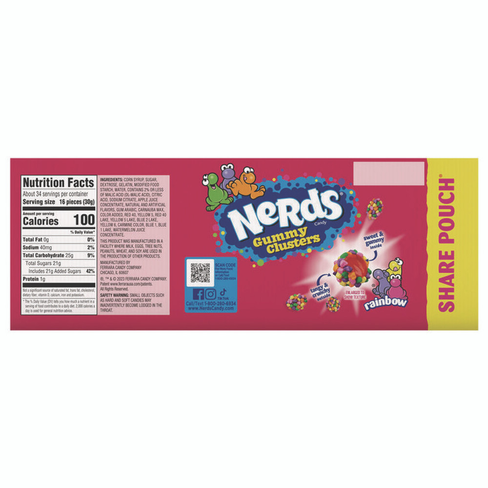 FERRARA CANDY CO NERDS® 22002360 Rainbow Gummy Clusters Share Pack, Assorted Flavors, 3 oz Packet, 12/Carton
