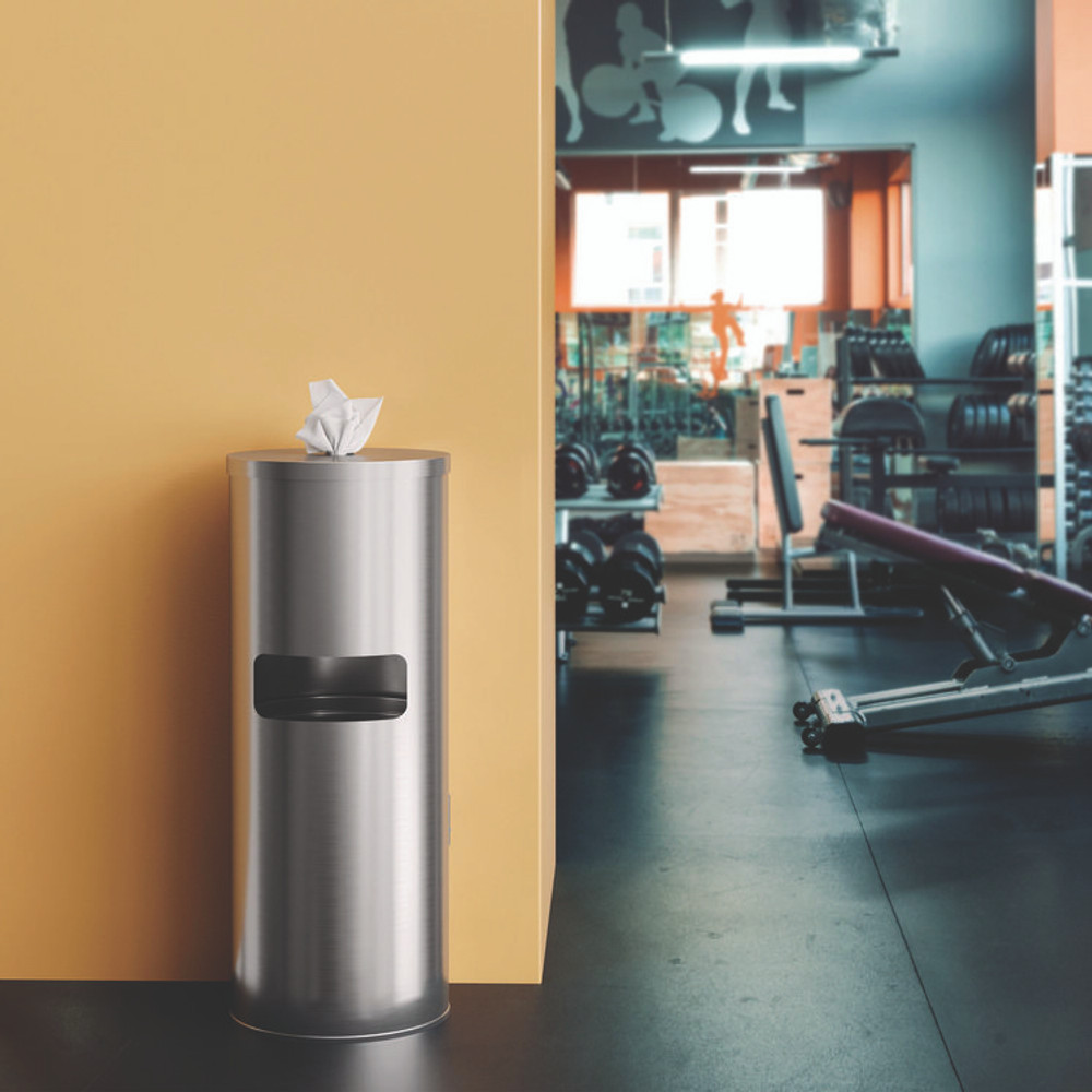 HLS COMMERCIAL HLSC09WSR Side-Entry Trash Can with Gym Wipe Dispenser, 9 gal, Stainless Steel, Silver