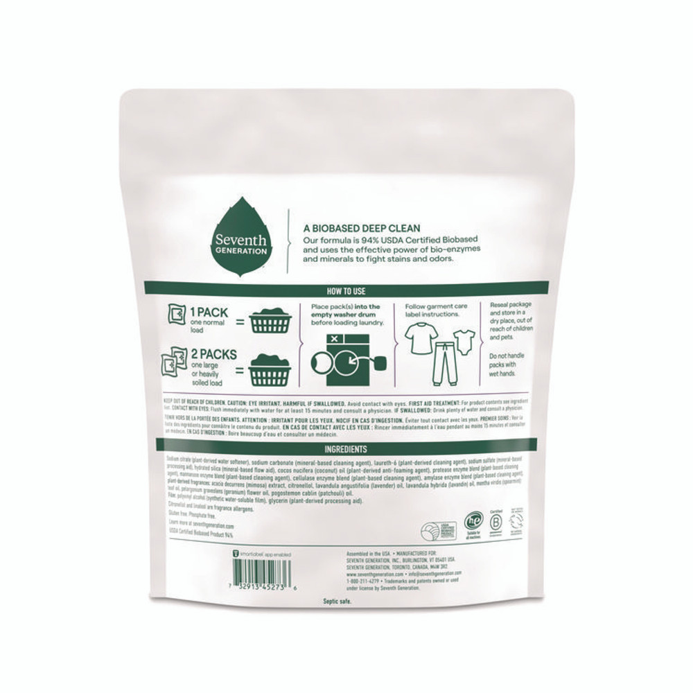 SEVENTH GENERATION 62692700 Natural Laundry Detergent Packs, Powder, Lavender Scent, 45 Packets/Pack, 8/Carton