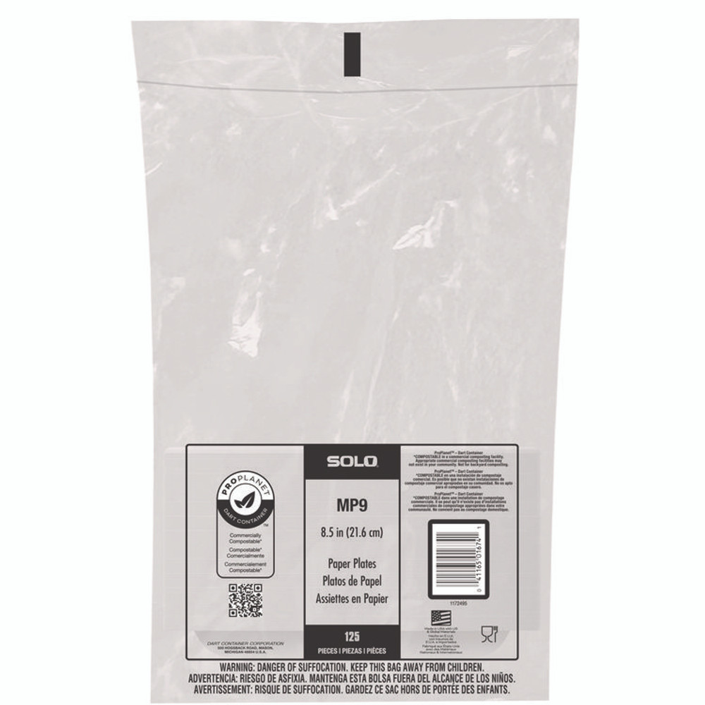 DART SOLO® MP9PLANET Compostable Paper Dinnerware, ProPlanet Seal, Plates, 8.5" dia, White, 500/Carton