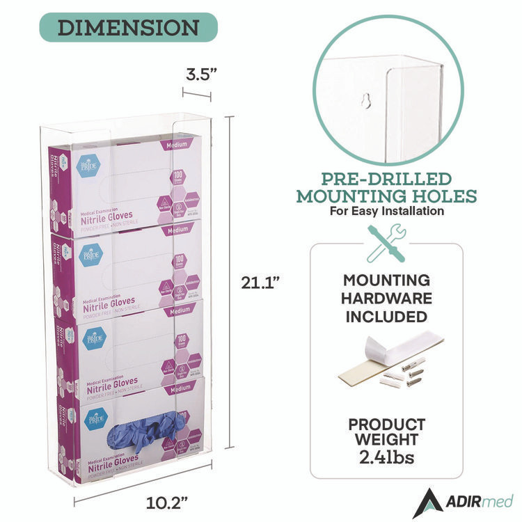 ADIRMED I90204 Acrylic Glove Dispenser, Quad Box Capacity, 10.2 x 3.5 x 21.1, Clear