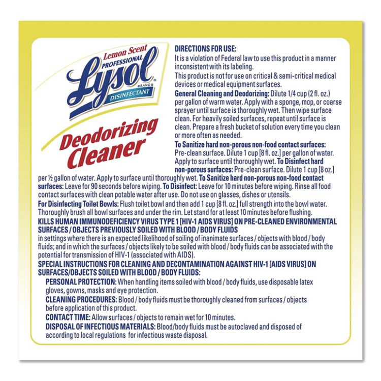 RECKITT BENCKISER Professional LYSOL® Brand 76334 Disinfectant Deodorizing Cleaner Concentrate, 1 gal Bottle, Lemon Scent