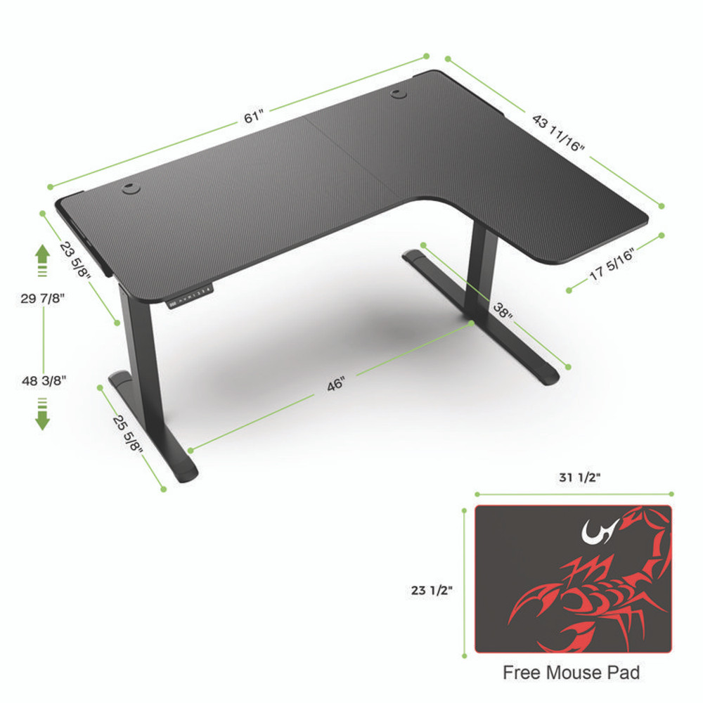 EUREKA ERGONOMIC 01875 L-Shaped Standing Desk, Right Desk, 60" x 43.69" x 29.88" to 48.38", Black