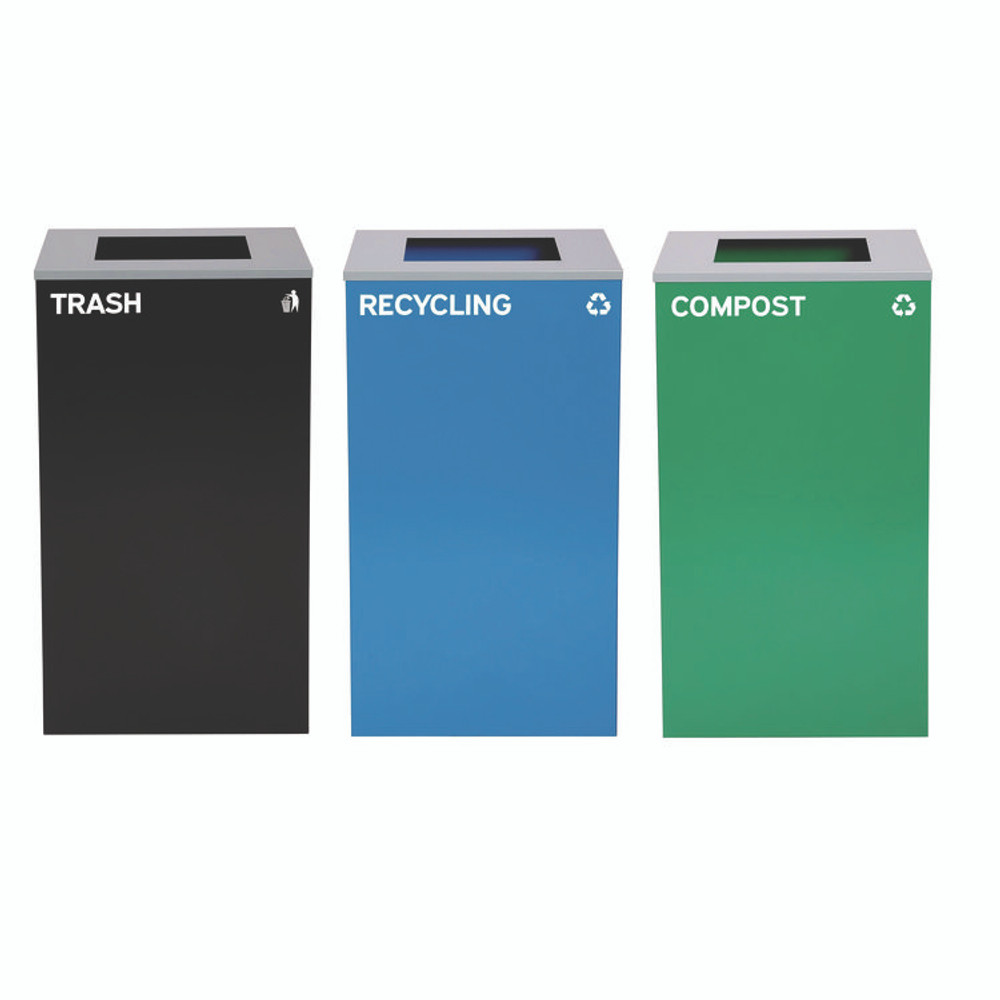 ALPINE INDUSTRIES 4450BLKKIT14 29 Gallon Trash/Recycling Cans, Steel, Blue Recycling Can, Green Compost Can, Black Trash Can with Square Lids