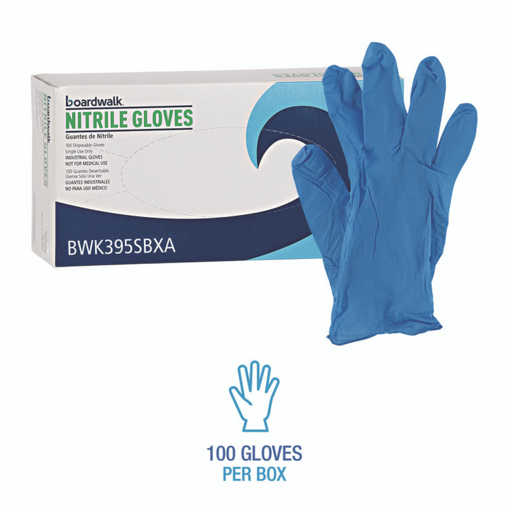 BOARDWALK 395SBXA 395 Series Disposable General-Purpose Nitrile Gloves, Powder-Free, Small, 5 mil Thick, 9.5" Long, Blue, 100/Box