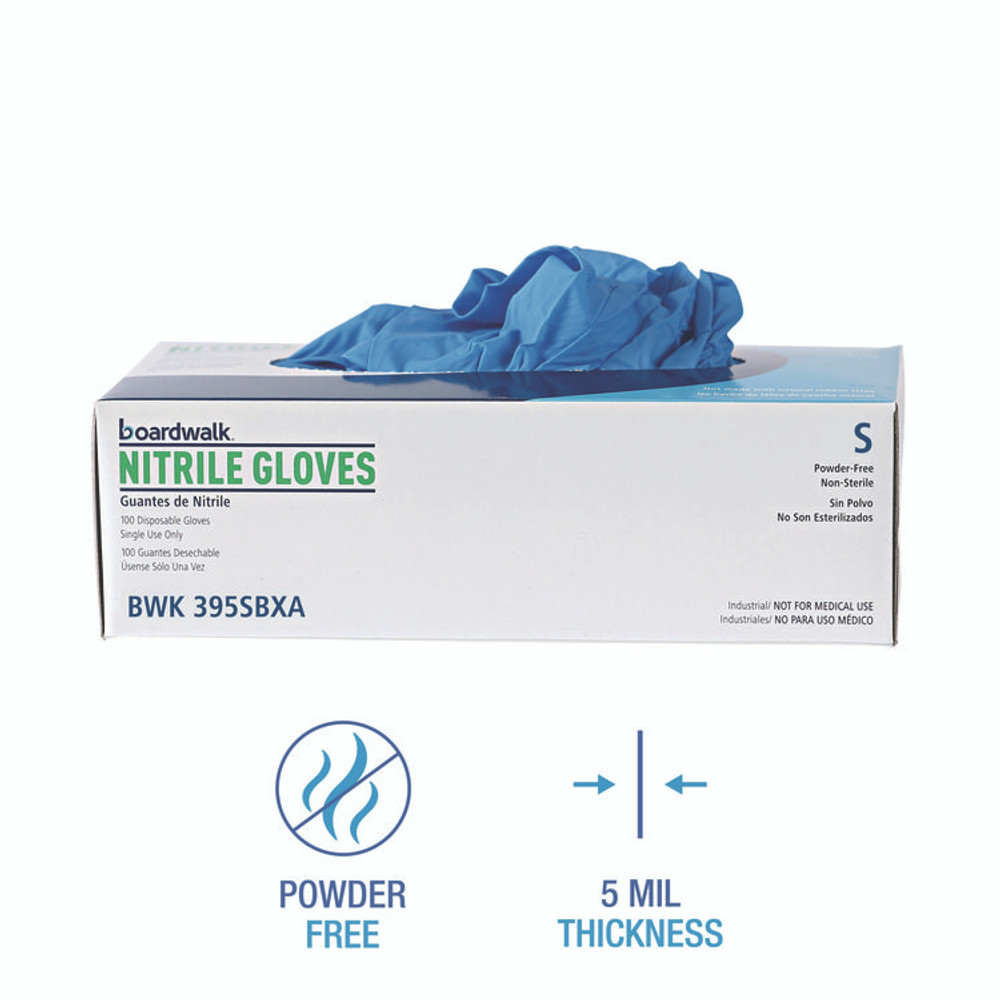 BOARDWALK 395SBXA 395 Series Disposable General-Purpose Nitrile Gloves, Powder-Free, Small, 5 mil Thick, 9.5" Long, Blue, 100/Box