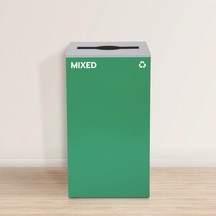 ALPINE INDUSTRIES 4450BLKKIT11 29 Gallon Trash/Recycling Cans, Steel, Green Mixed Recycling Can with Mixed Lid, Black Trash Can with Square Lid