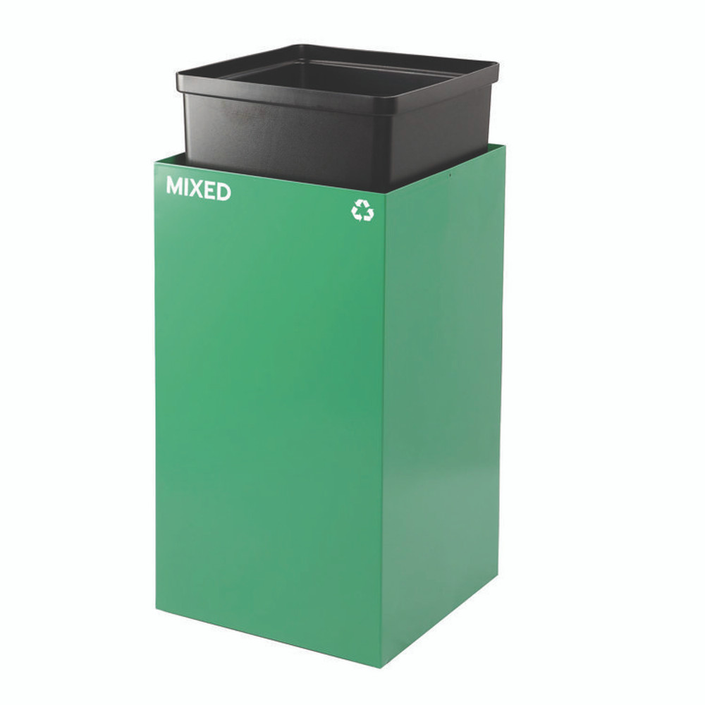 ALPINE INDUSTRIES 4450BLKKIT11 29 Gallon Trash/Recycling Cans, Steel, Green Mixed Recycling Can with Mixed Lid, Black Trash Can with Square Lid